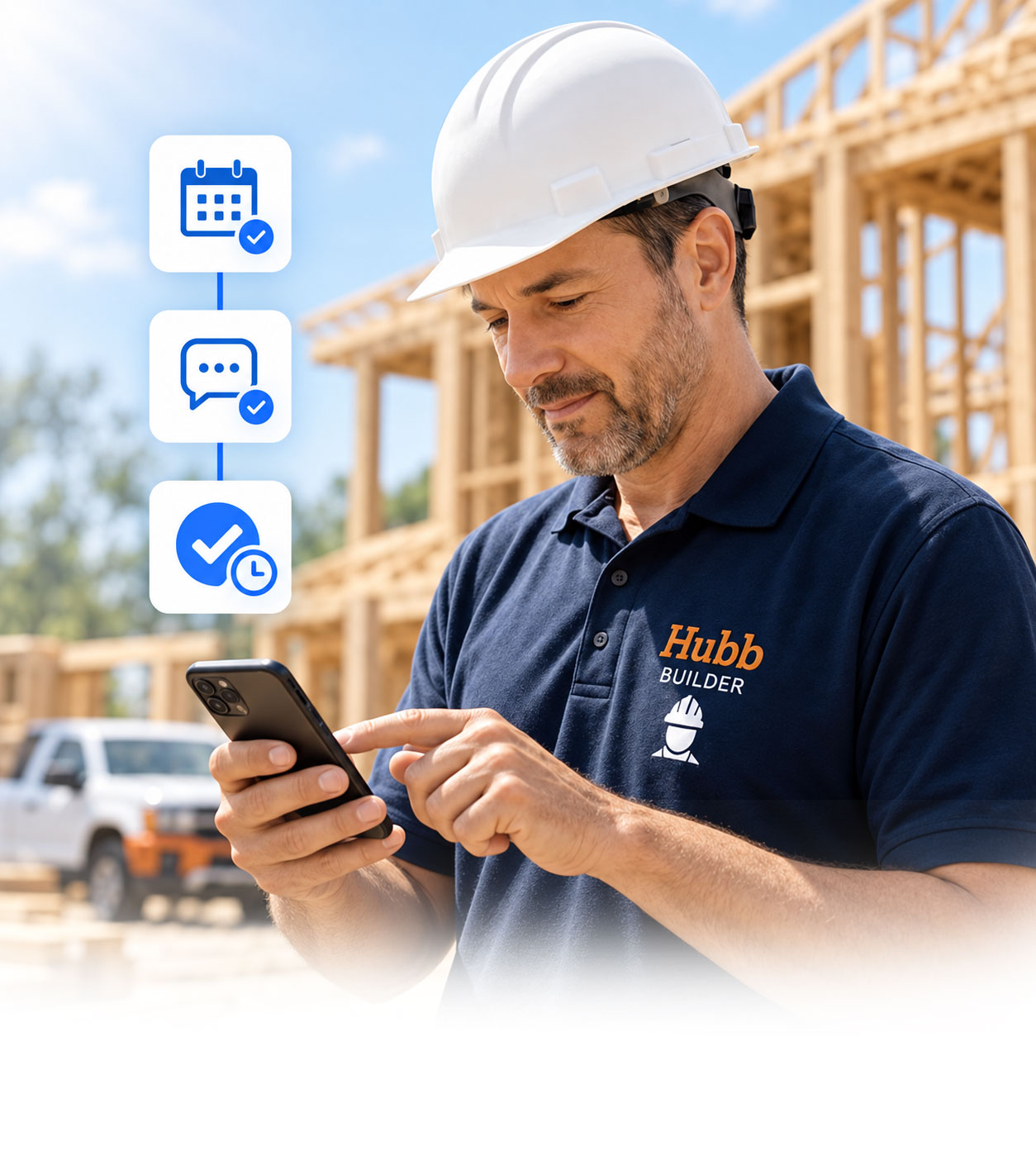 Builder using HomeHubb field tools on a tablet at a construction site